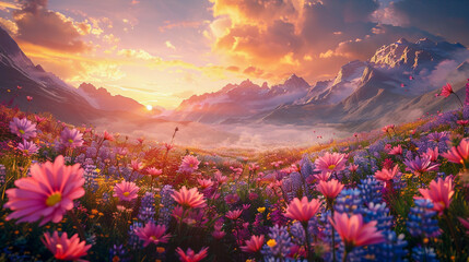 A 3D animation of a hidden valley during golden hour with mythical creatures frolicking in fields of rainbow flowers beneath floating mountains - obrazy, fototapety, plakaty