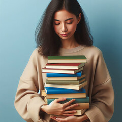 Female student holding pile of books over light blue background. Education, library, science, knowledge, studies, book swap, hobby, relax time