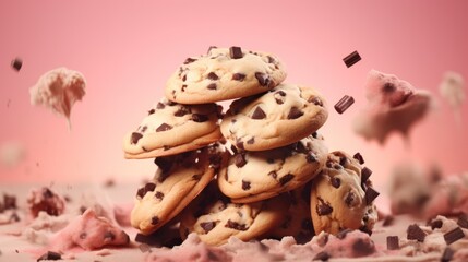 Advertising shoot of chocolate chip cookies dessert on a pink background.