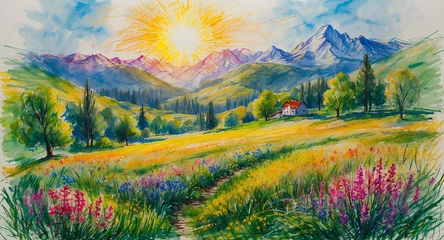 Schilderijen op glas Hand drawn cartoon green meadow with mountains background and shiny morning sunrise. © sonderstock