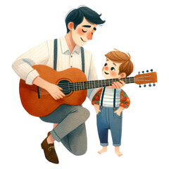 Father Teaching Son Guitar in Heartwarming Illustration