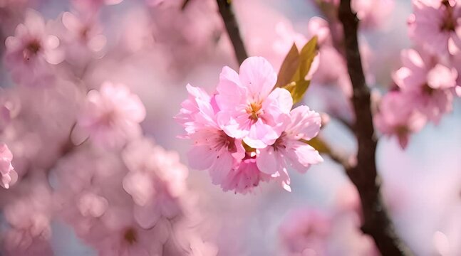 Pink cherry tree blossom flowers blooming in spring, easter time against a natural sunny blurred garden