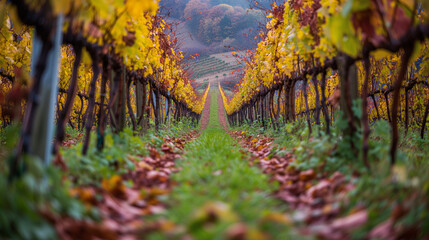 Vineyard path lined with colorful autumn leaves.