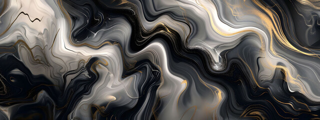 Elegant black and white marble stone texture adorned with luxurious gold details. Abstract design features a mix of black marble, gold ink patterns, and fluid brush strokes.