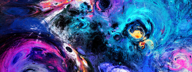 Abstract painting art. Modern impressionism. Cosmic background in blue and purple color. Fractal artwork for creative graphic design