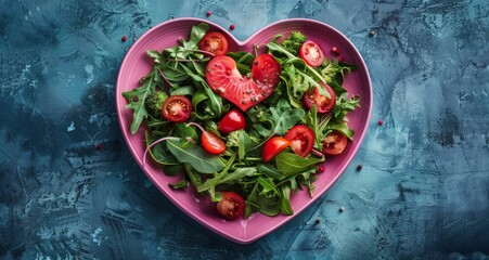 Heart Shaped Plate Filled With Greens and Strawberries