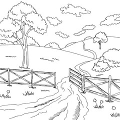Fence rural road graphic black white landscape sketch illustration vector - 754794228
