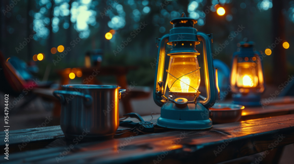 Aufkleber an atmospheric shot of multiple camping lanterns on a wooden table with a blurred background of a ca
