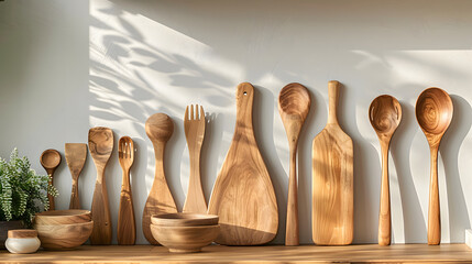 A wooden counter displays a collection of bamboo kitchen utensils.  - obrazy, fototapety, plakaty