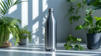 Modern Silver Water Bottle with Indoor Plants on White Table