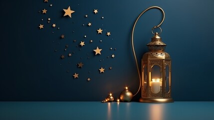 Islamic decoration background with lantern and crescent moon luxury style, ramadan kareem, mawlid, iftar, isra miraj, eid al fitr adha,copy space text area, 3D illustration