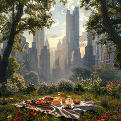 A serene summer picnic set in an ancient overgrown garden with modern skyscrapers towering in the distance - obrazy, fototapety, plakaty