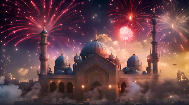 ramadan kareem background with mosque and fireworks in the sky