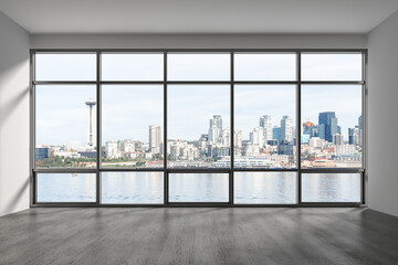 Empty room Interior Skyscrapers View. Cityscape Downtown Seattle City Skyline Buildings from High...