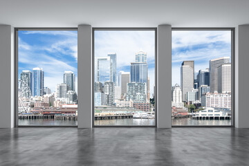 Fototapeta na wymiar Empty room Interior Skyscrapers View. Cityscape Downtown Seattle City Skyline Buildings from High Rise Window. Beautiful Real Estate. Day time. 3d rendering.
