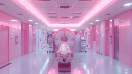 A pink MRI machine magnetic resonance  in a pink room with pink lighting in modern hospital - Powered by Adobe