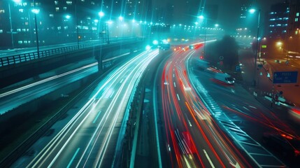 The effect of car lights on the road at night emits a beautiful light. Generate AI image