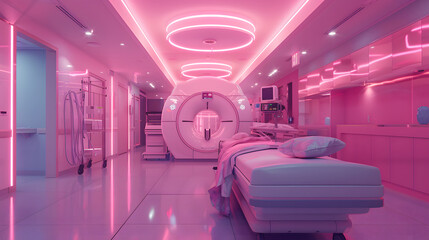 A pink MRI machine magnetic resonance  in a pink room with pink lighting in modern hospital - obrazy, fototapety, plakaty