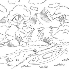 Kayak boat near river graphic black white landscape sketch illustration vector