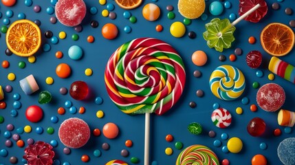 Colorful candies on pastel blue color background