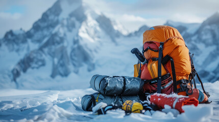 Depicts a moment of reflection as a mountain climber pauses to take in the snowy expanse