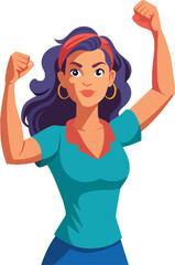 joyful woman with raised fists symbolizing strength and victory
