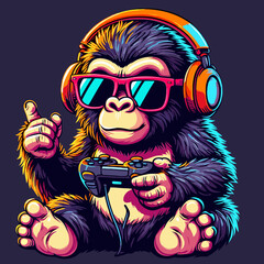 Gorilla as Gamer, Holding game controller, Funny and Cool, Minimal T-Shirt design for Game and Animal Lover, Svg Eps Vector illustration