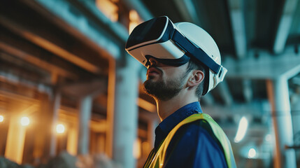 A futuristic architectural engineer, civil engineer wearing an augmented reality headset and overalls on a construction site, the bokeh effect..