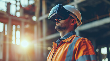 A futuristic architectural engineer, civil engineer wearing an augmented reality headset and overalls on a construction site, the bokeh effect..