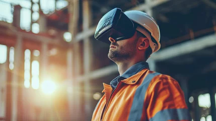 Foto op Aluminium A futuristic architectural engineer, civil engineer wearing an augmented reality headset and overalls on a construction site, the bokeh effect.. © Mariia Mazaeva