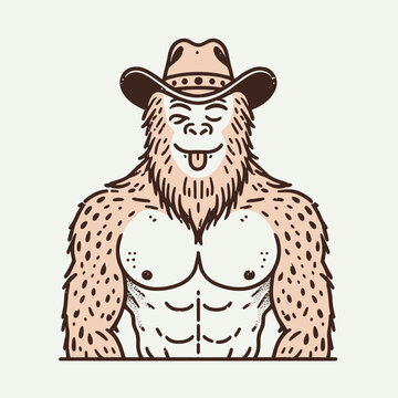 Bigfoot wear cowboy hat and leopard print scarf, Funny and Cool, Minimal T-Shirt design for Coffee Lover, Svg Eps Vector illustration