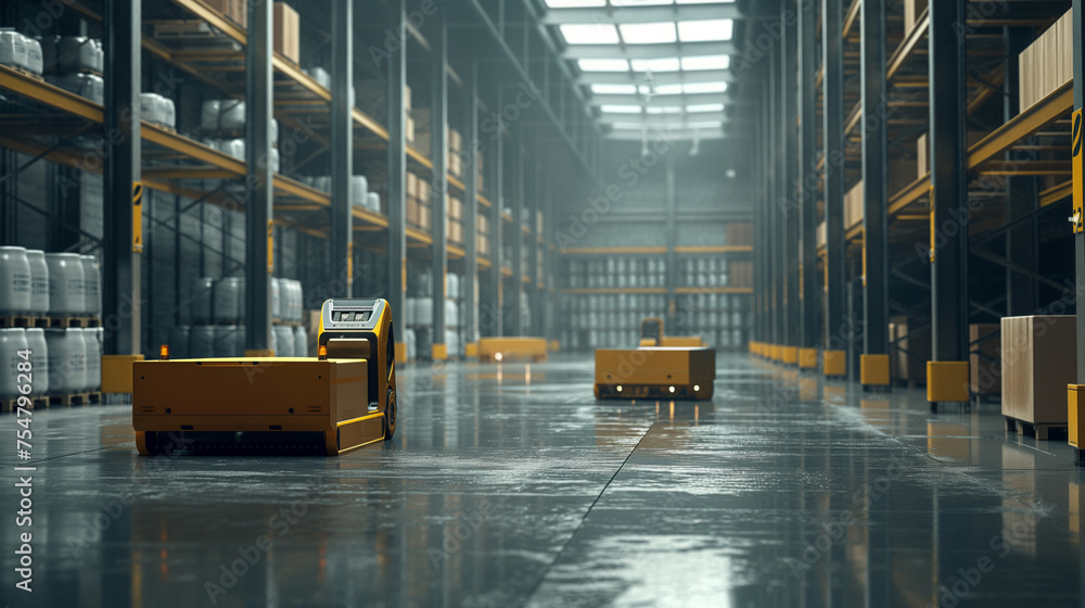 Poster a warehouse with yellow forklifts auto bot tranfer and boxes. the warehouse is empty and the boxes a