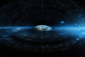 surface of earth planet with futuristic computer technology and mega city, digital connections with hologram and glow against background of space, concept of globalization and urbanization - 754796209