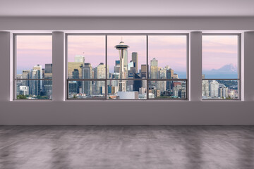 Empty room Interior Skyscrapers View. Cityscape Downtown Seattle City Skyline Buildings from High...