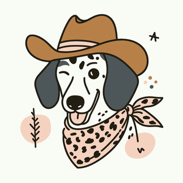 Dachshund wear cowboy hat and leopard print scarf, Funny and Cool, Minimal T-Shirt design for Dog Lover, Svg Eps Vector illustration