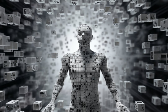 a human figure made of squares and cubes, standing in front of a digital background with abstract particles in space, cybernetics, computer rendering