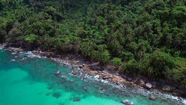 long beach turquoise water jungle island. Perfect aerial top view flight drone