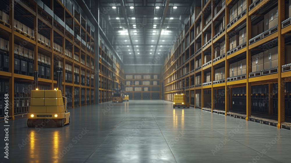 Poster a warehouse with yellow auto tranfer machine and boxes. the warehouse is empty and the boxes are sta