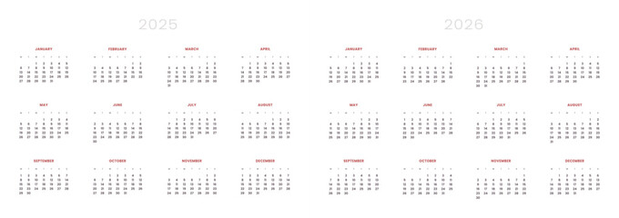 Set of 2025-2026 Annual Calendar template. Vector layout of a wall or desk simple calendar with week start Monday. Page for size A4 or 21x29.7