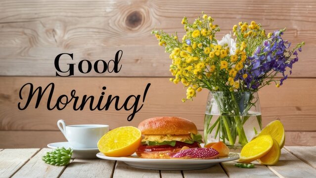 Good morning greeting text with Cup of coffee and bouquet of spring flowers on wooden background