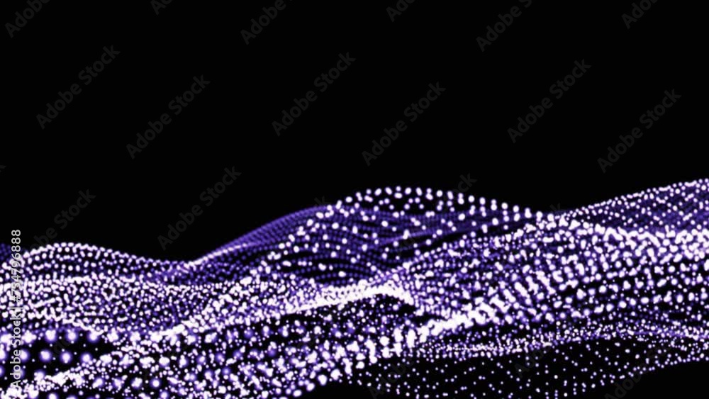 Poster waves of white and purple particles dots seamless loop. 3d animation