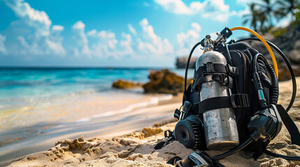 Scuba gear including tank and regulators laid on a sandy beach with a tranquil tropical sea in the background