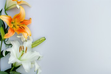 Background of many lilies on gray background. Spring floral design. Copy space