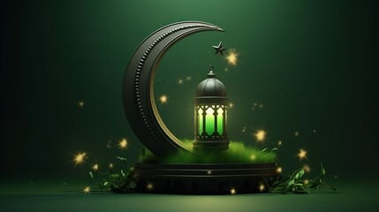 Ramadan and Eid al fitr concept backgrounds. Turkish traditional lantern Light Lamp and crescent moon on a podium with green background, Ramadan Kareem Mubarak 3d background  - obrazy, fototapety, plakaty