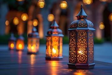 Group of arabic candle lantern with glowing light for ramadan - obrazy, fototapety, plakaty