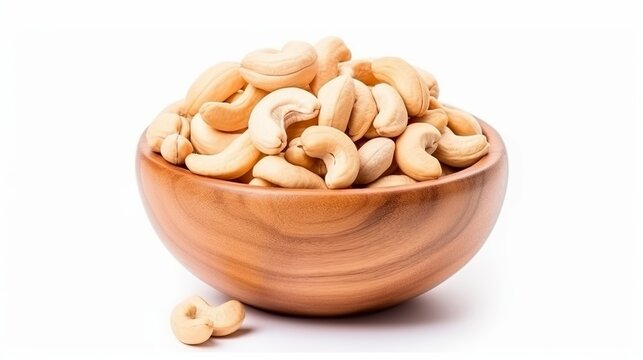 Cashew nuts are arranged in a wooden bowl and isolated on a white background, captured from a top-down view.
