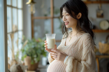 Pregnant Asian woman standing in front of the window, holding a glass with milk and touching her belly at home. A happy pregnant lady looking out through large floor. Generative Ai Illustration.