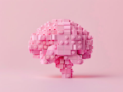 A minimalist pink sculpture of human brain made out of kids building blocks toy, representing mental health issues, stands against a pink pastel background. Generative AI