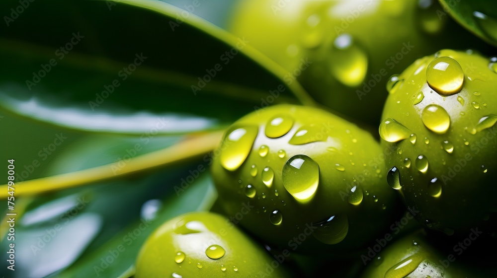 Sticker Close-up of olive oil drops from an olive berry, providing a background with copy space. The concept depicts freshly pressed extra virgin olive oil.