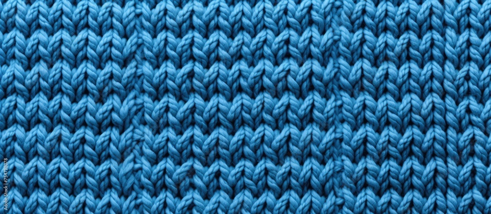 Poster a detailed view of a blue knitted material, showcasing the textured background created by hand knitt